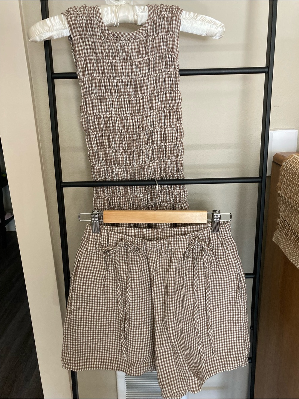 High Waisted Gingham Shorts with Decorative Ties - Mia Brown Gingham